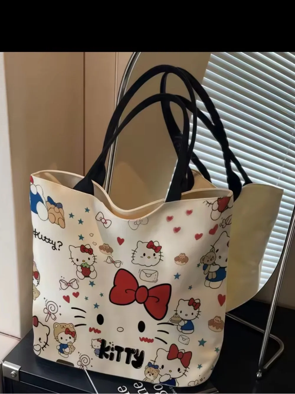 White Hello Kitty Print Tote Bag with Black Handles